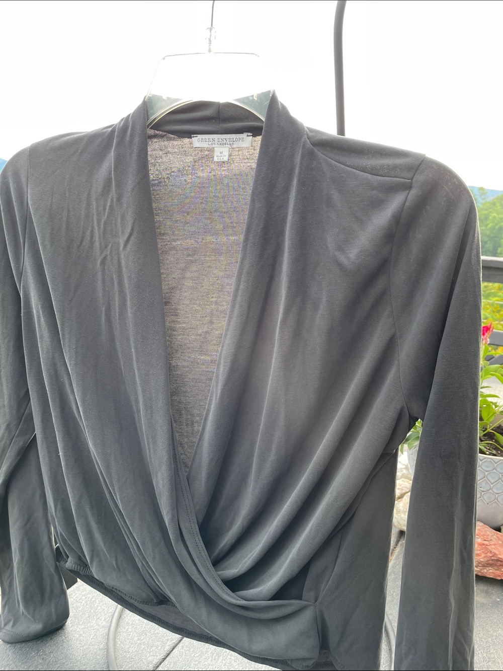 Green Envelope Gray Draped Wrap Top